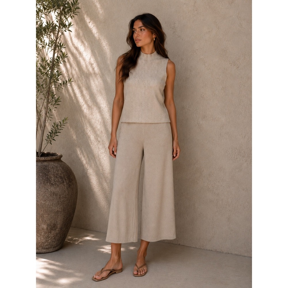 Marled Unlimited Clothing XS Ribbed Mock Top & Wide Leg Crop Pant Set Beige NWT